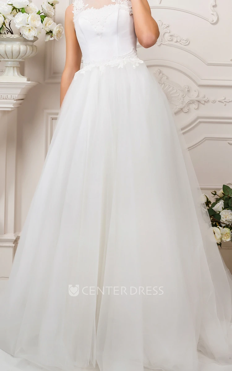 Ball Gown Floor-Length Jewel-Neck Appliqued Sleeveless Tulle Wedding Dress