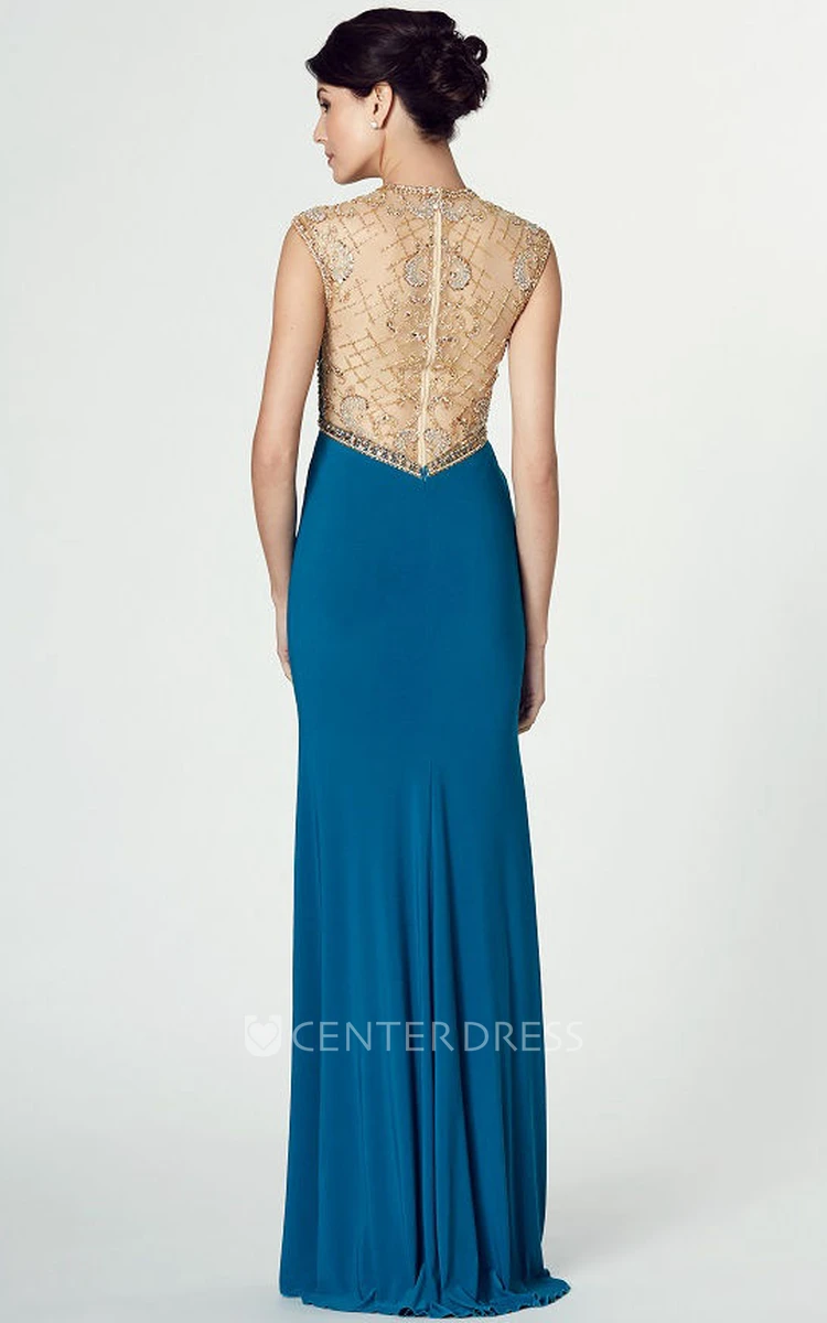 High Neck Floor-Length Split-Front Jersey Prom Dress With Beading And Illusion