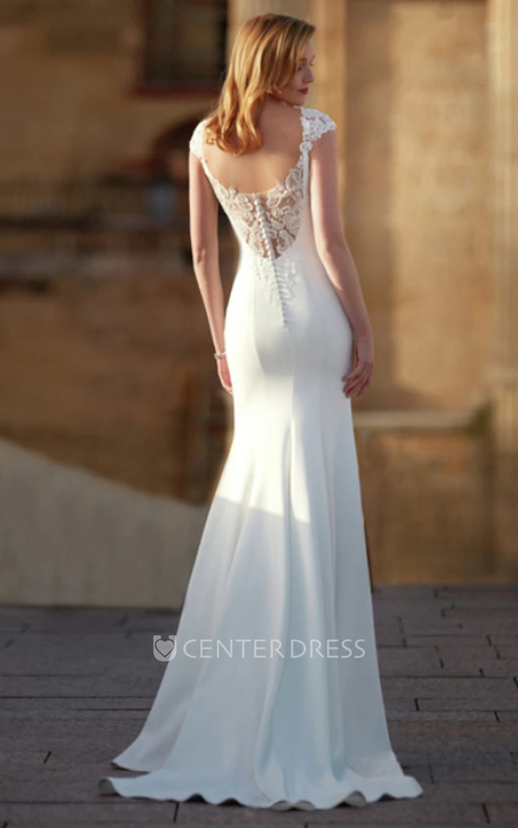 Satin Bateau Cap Sleeve Wedding Dress Casual Sheath Style