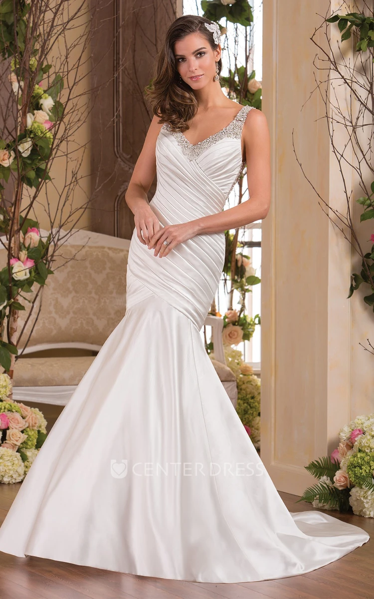 Buy deep v-neck white strapless satin simple mermaid wedding dress online  at