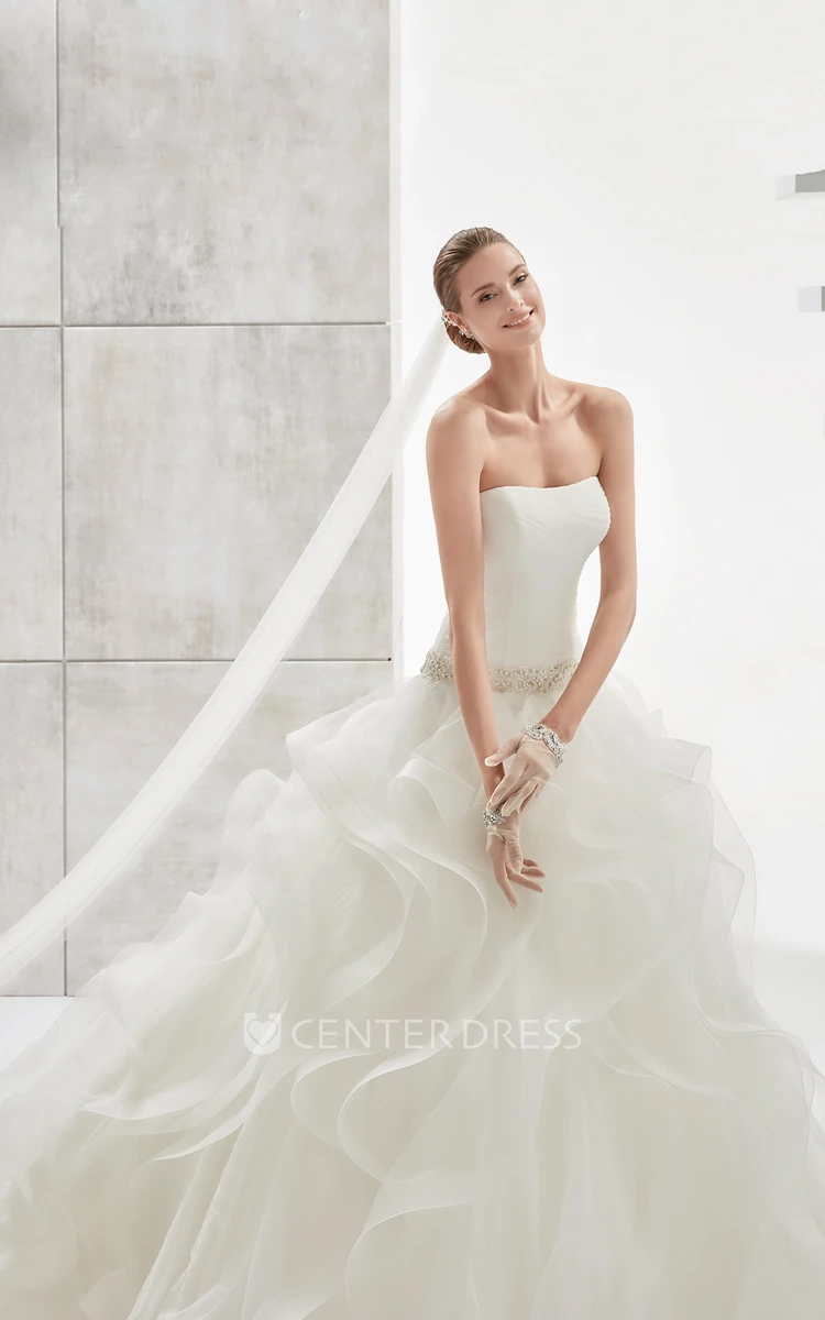 Strapless Pleating Wedding Dress with Cascading Ruffles and Beaded Details