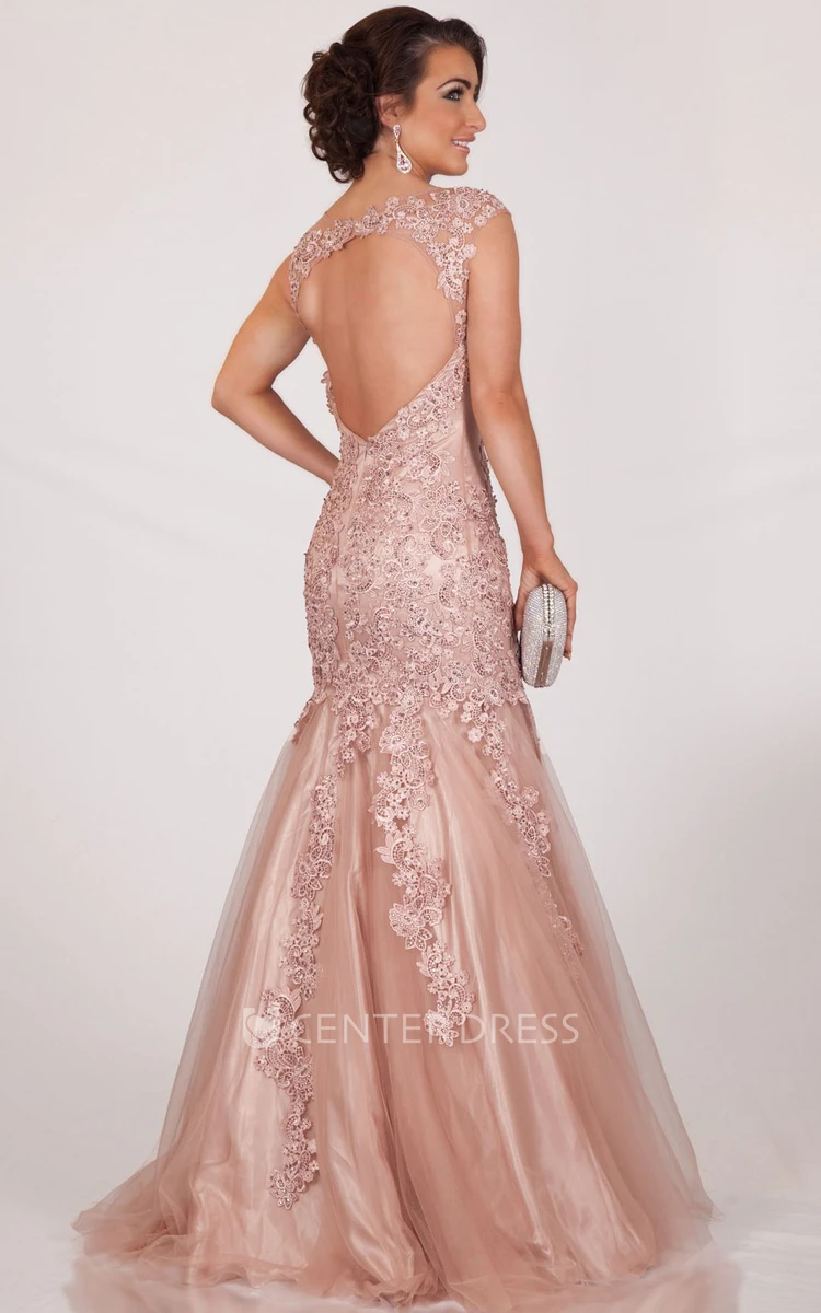 Mermaid Scoop Neck Appliqued Sleeveless Tulle Prom Dress With Keyhole