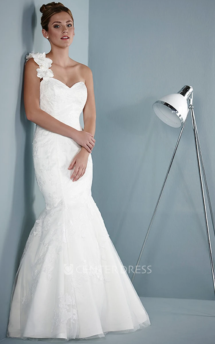 Sheath Long Floral Sleeveless One-Shoulder Satin Wedding Dress With Corset Back And Appliques