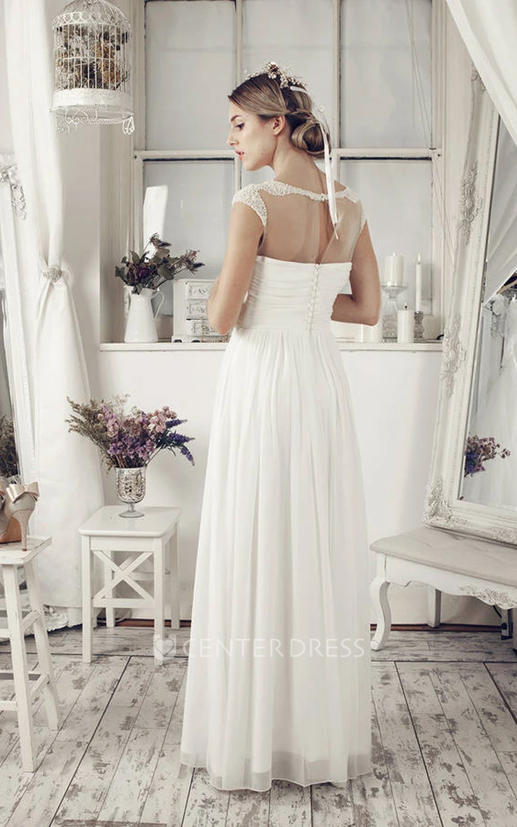 Sheath Floor-Length Cap-Sleeve Scoop-Neck Chiffon Wedding Dress With Beading And Illusion