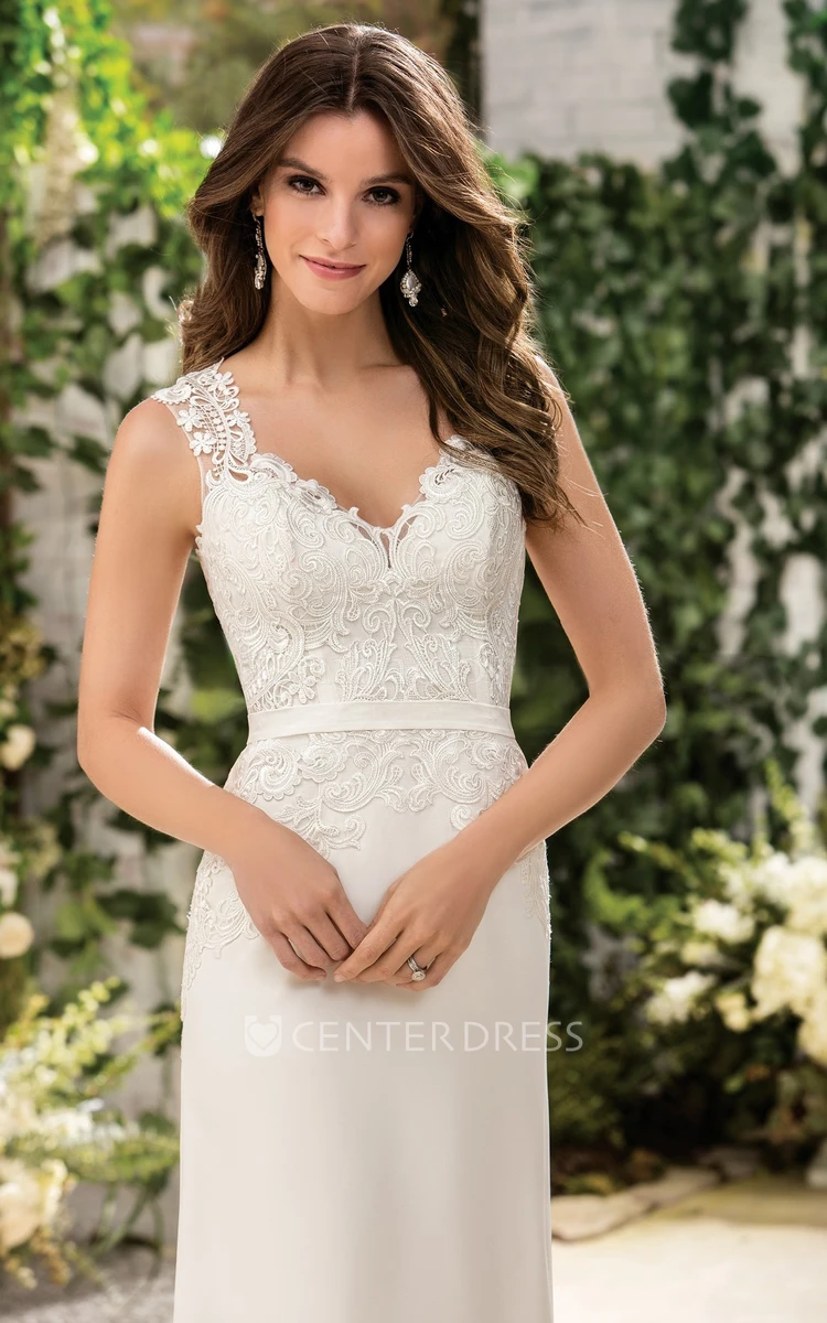V-Neck Sleeveless Long Wedding Dress With Illusion Appliqued Back