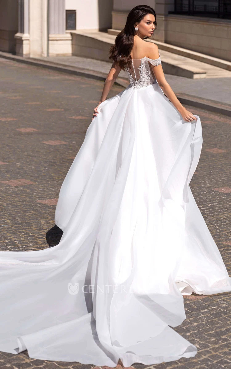 Ethereal Off-the-shoulder A Line Organza Sleeveless Court Train Wedding Dress with Split Front