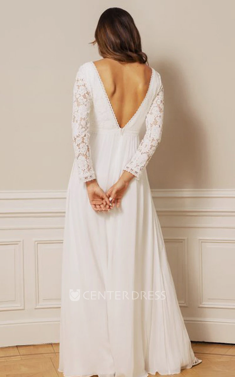 Bohemian Long Sleeve Deep-V Back Chiffon Lace Bateau A Line Floor-length Wedding Dress