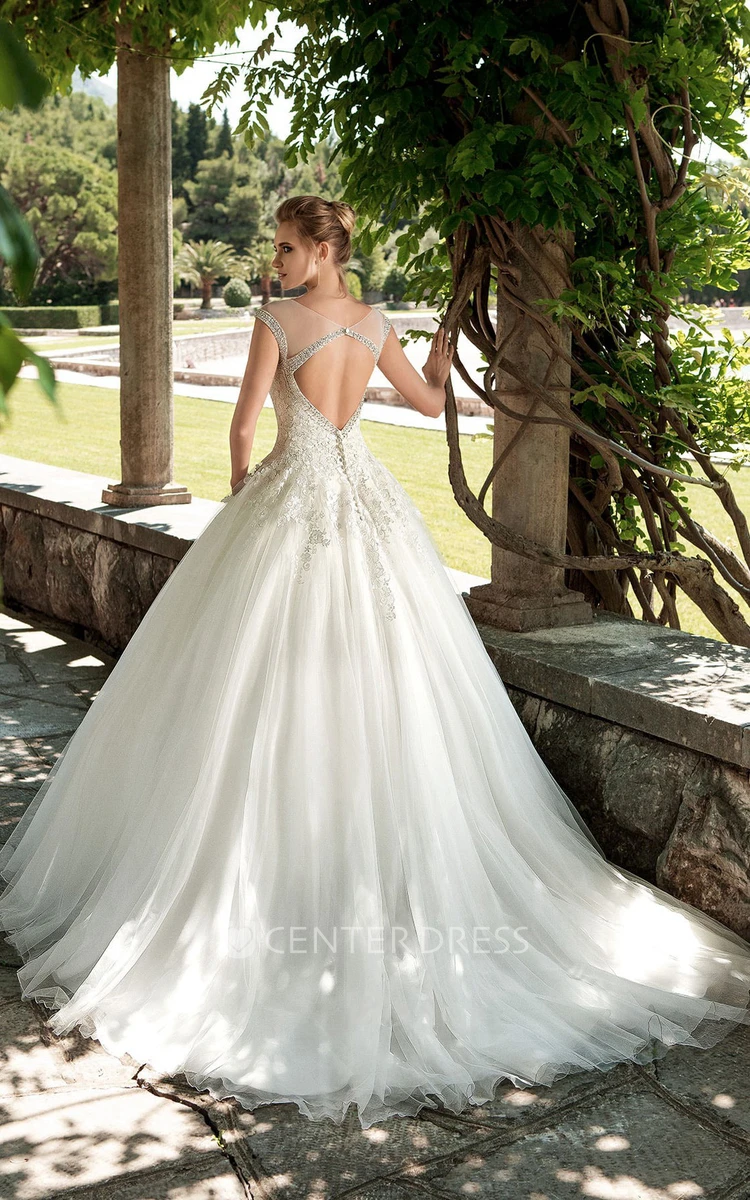 A-Line Long Scoop-Neck Cap-Sleeve Keyhole Tulle Dress With Appliques And Beading