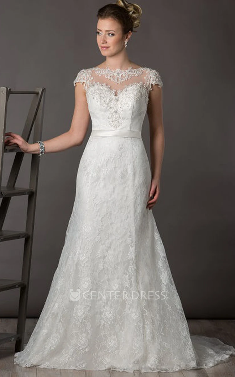 Bateau Cap Sleeve Lace Bridal Gown With Satin Sash And Back Keyhole