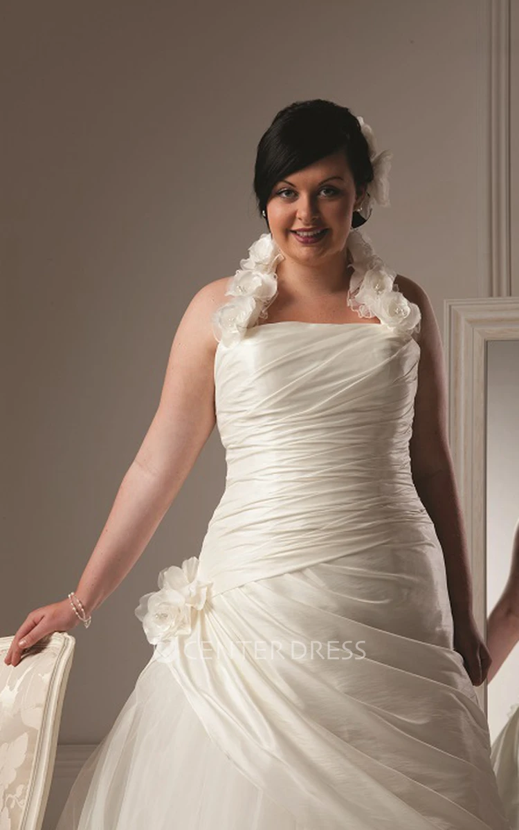 Floral Halter Taffeta Wrapped Tulle Skirt Bridal Gown With Lace Up