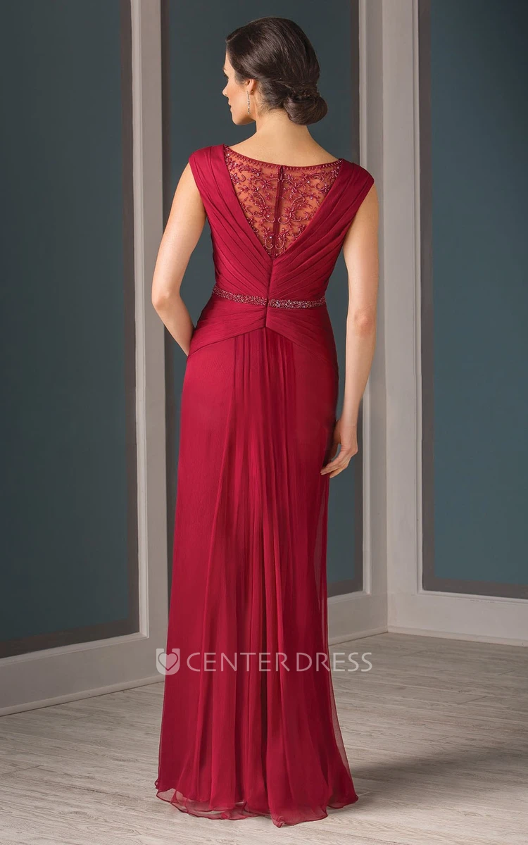 Cap-Sleeved Long Pleated Mother Of The Bride Dress With Crystal Illusion Back