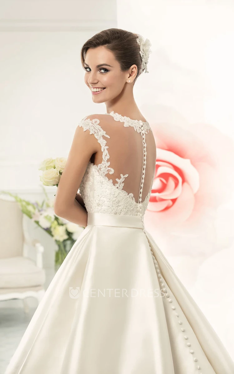 Jeweled Neck Cap Sleeve A-line Satin Wedding Dress With Lace Bodice