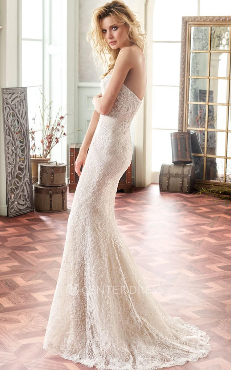 Sweetheart Floor-Length Beaded Lace Wedding Dress With Brush Train And V Back