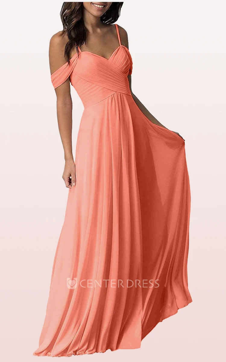 Chiffon Floor-length Off-the-shoulder A Line Sleeveless Bridesmaid Dress With Ruching