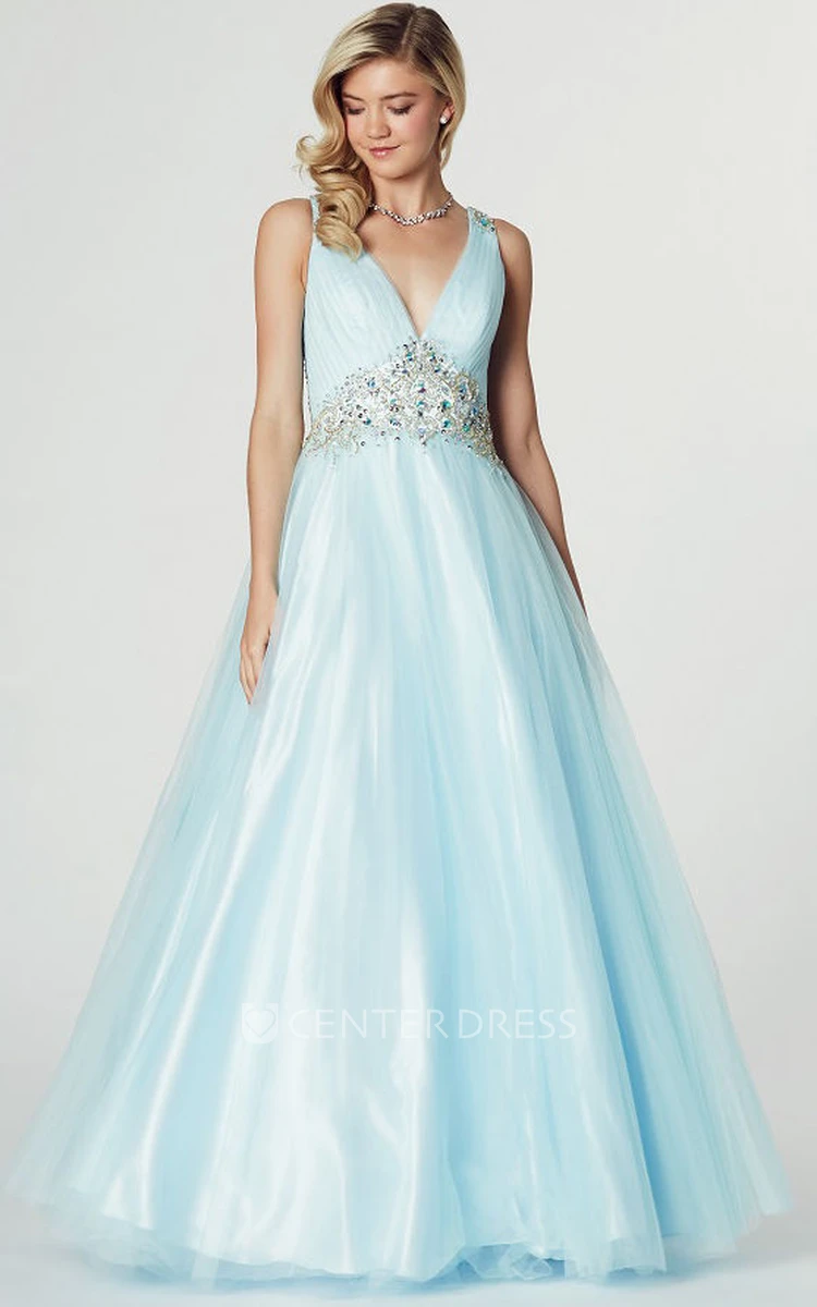 A-Line Sleeveless Ruched V-Neck Tulle Prom Dress