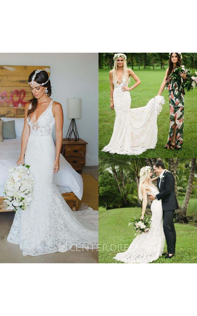 Sheath V-neck Lace Zipper Wedding Dress
