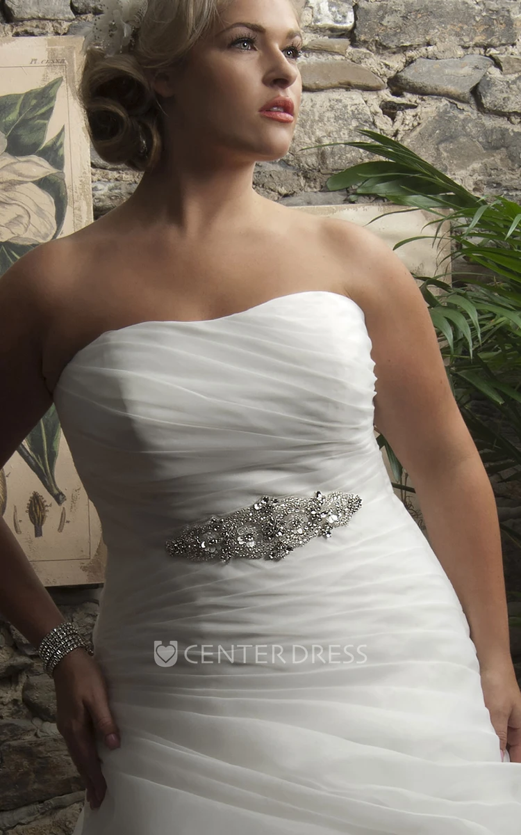 Strapless Ruched Mermaid Gown With Jeweled Waist