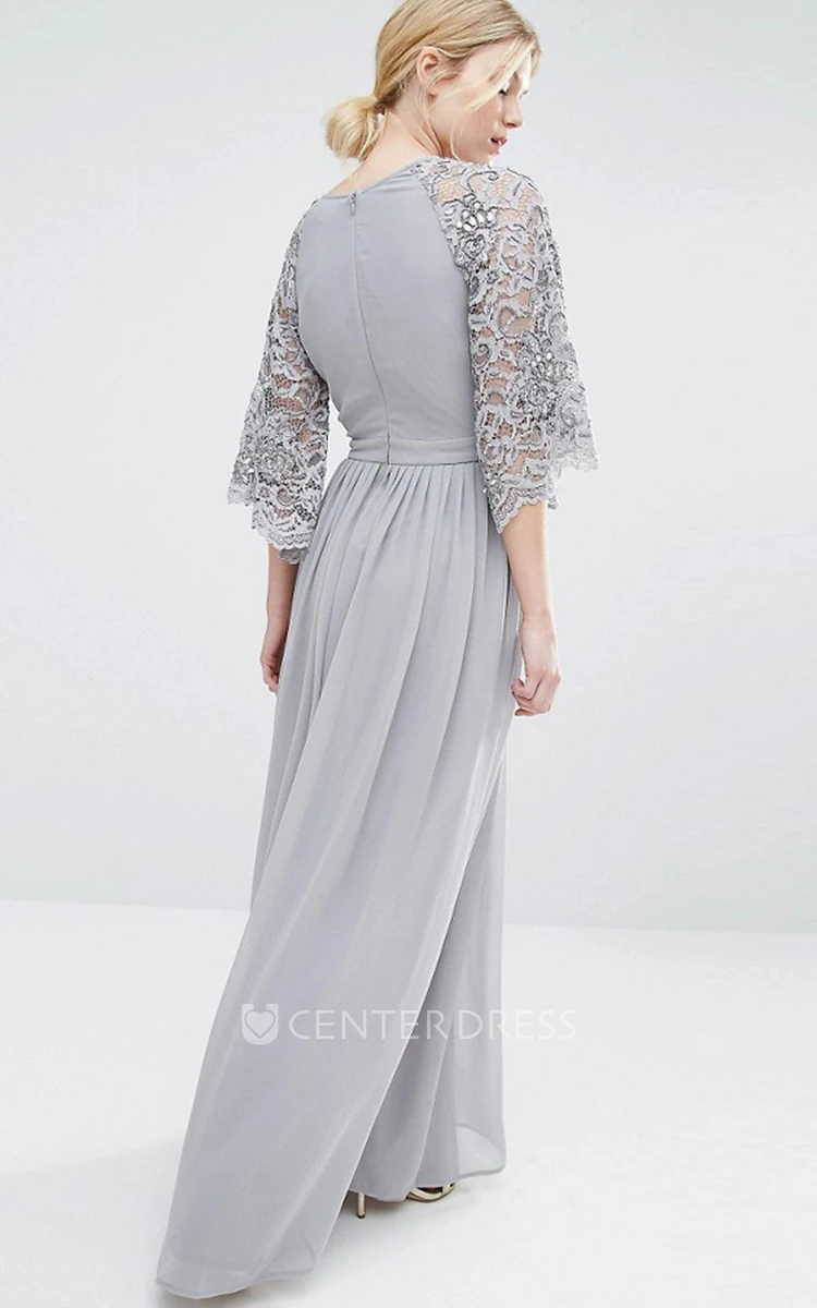 V-Neck Bell Sleeve Lace Chiffon Bridesmaid Dress With Pleats