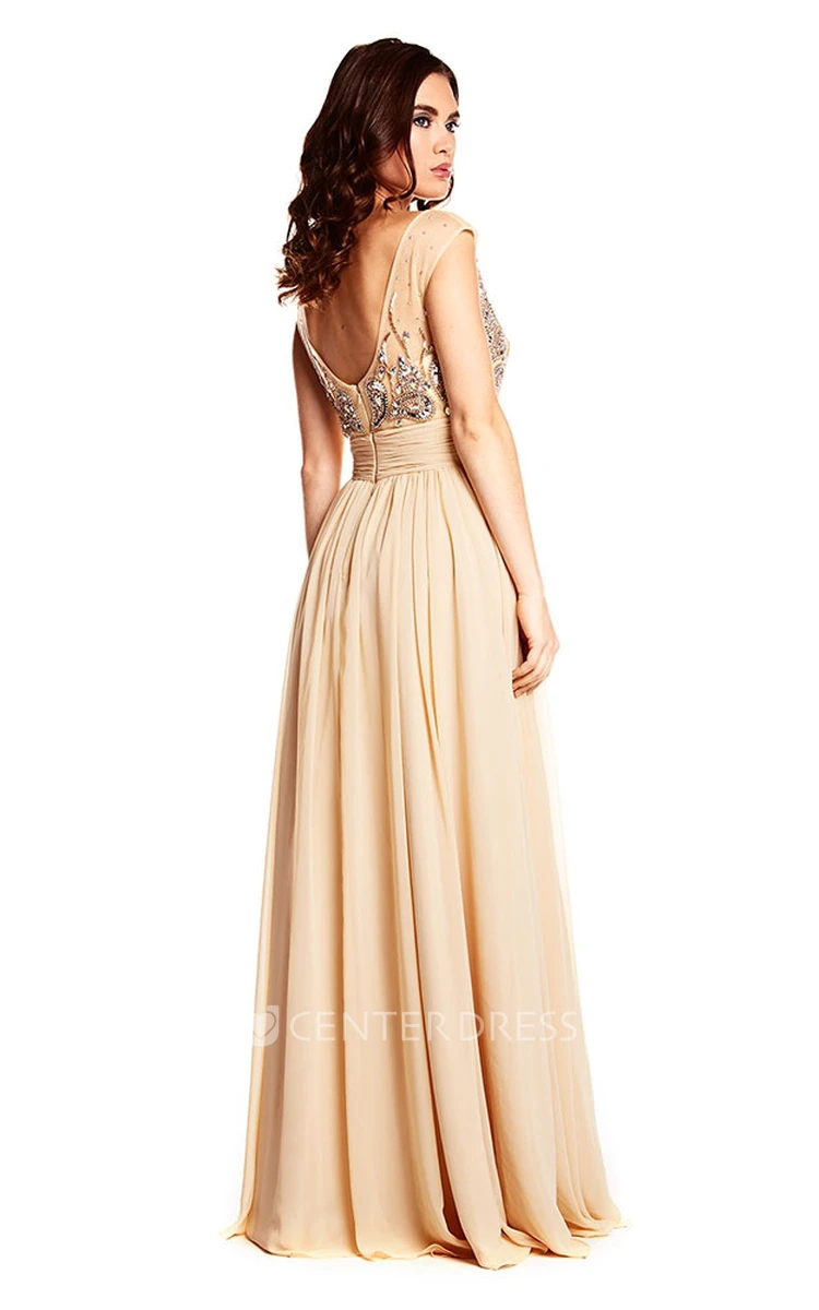 Scoop Neck Beaded Cap Sleeve Chiffon Prom Dress With Low-V Back