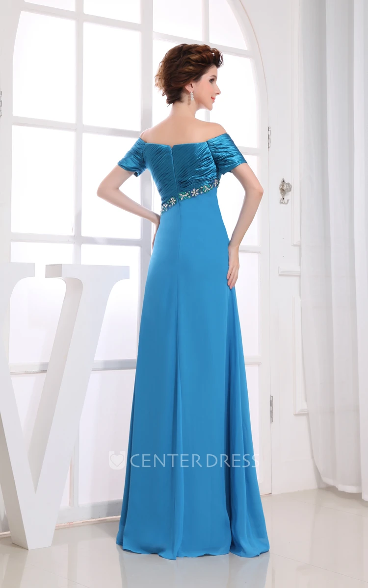 Off-The-Shoulder Ruched Maxi Chiffon Formal Dress With Beading and Criss Cross