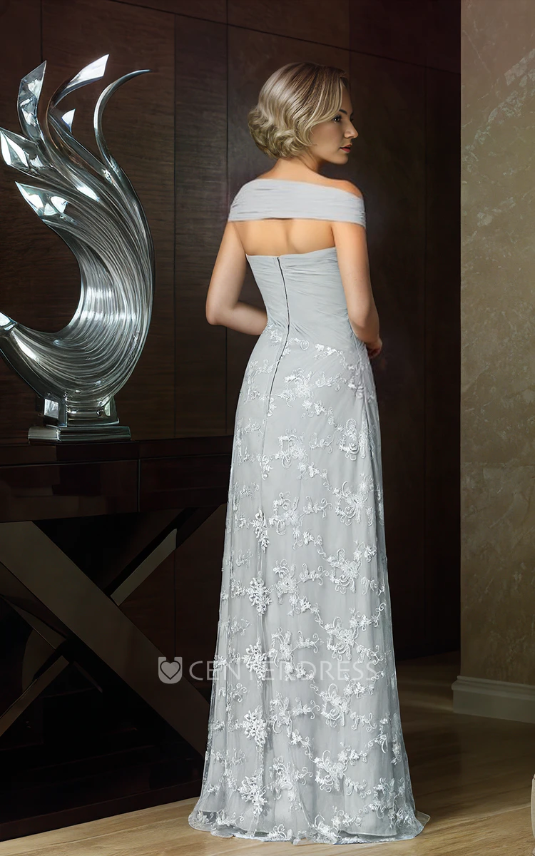 Floor-length Sleeveless Off-the-shoulder Square Neck Sheath Elegant Modern Women Backless Mother Evening Dress with Lace Appliques Ruching