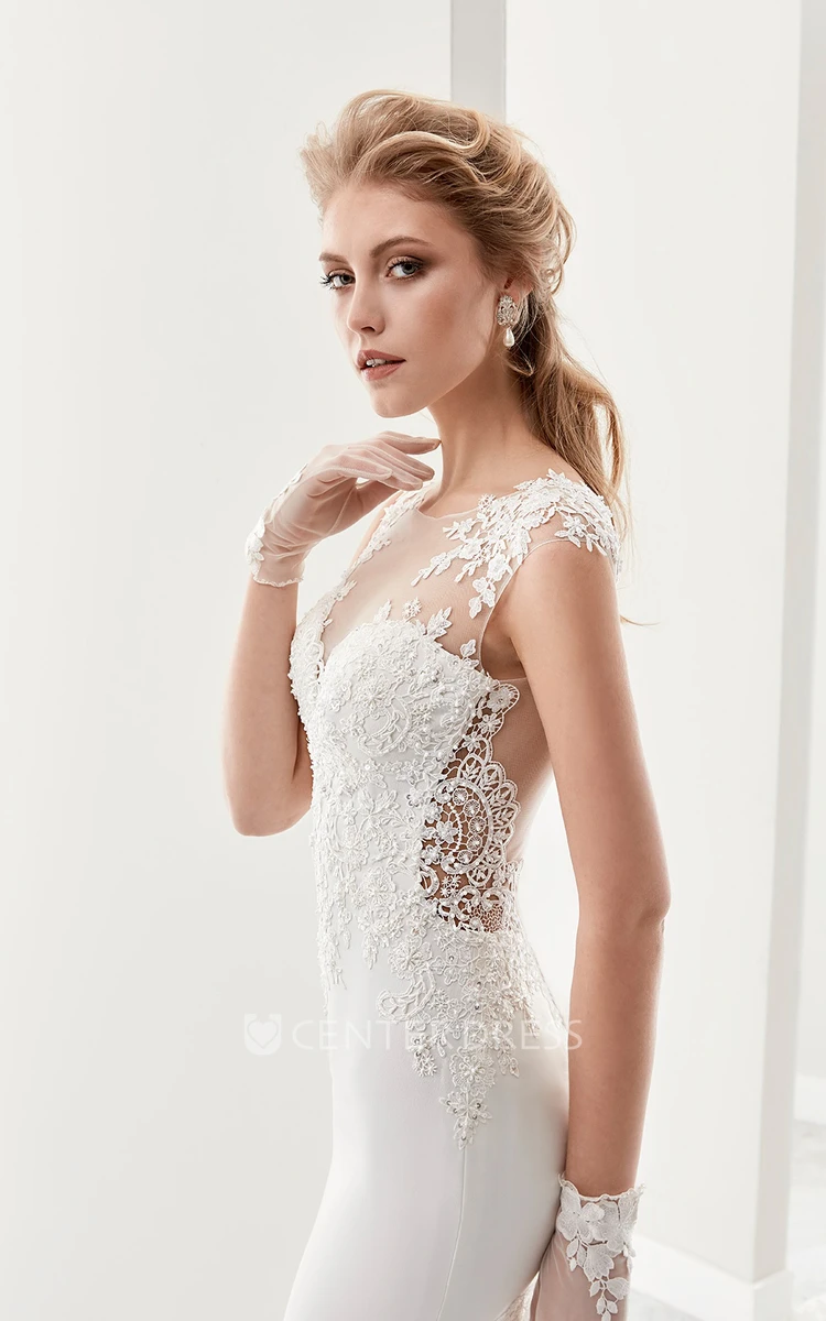 Cap Sleeve Sheath Bridal Gown With Illusion Details And Chapel Train