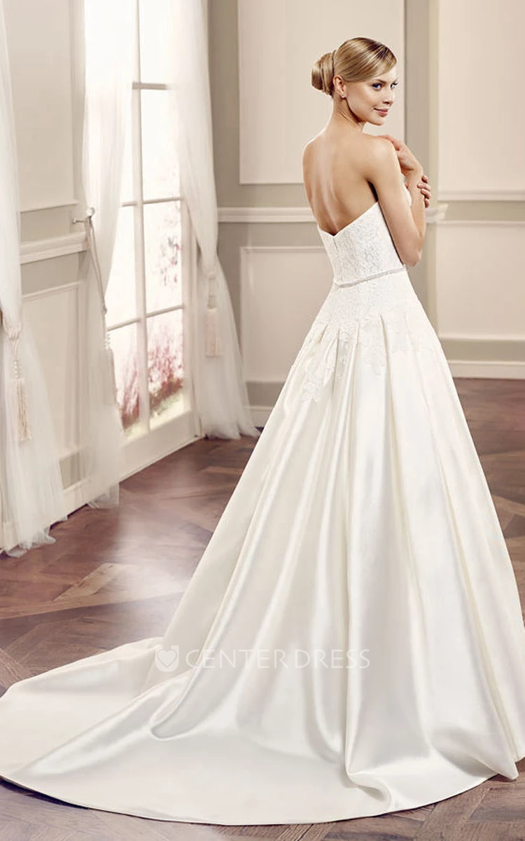 Sweetheart Long Lace Satin Wedding Dress With Court Train And V Back