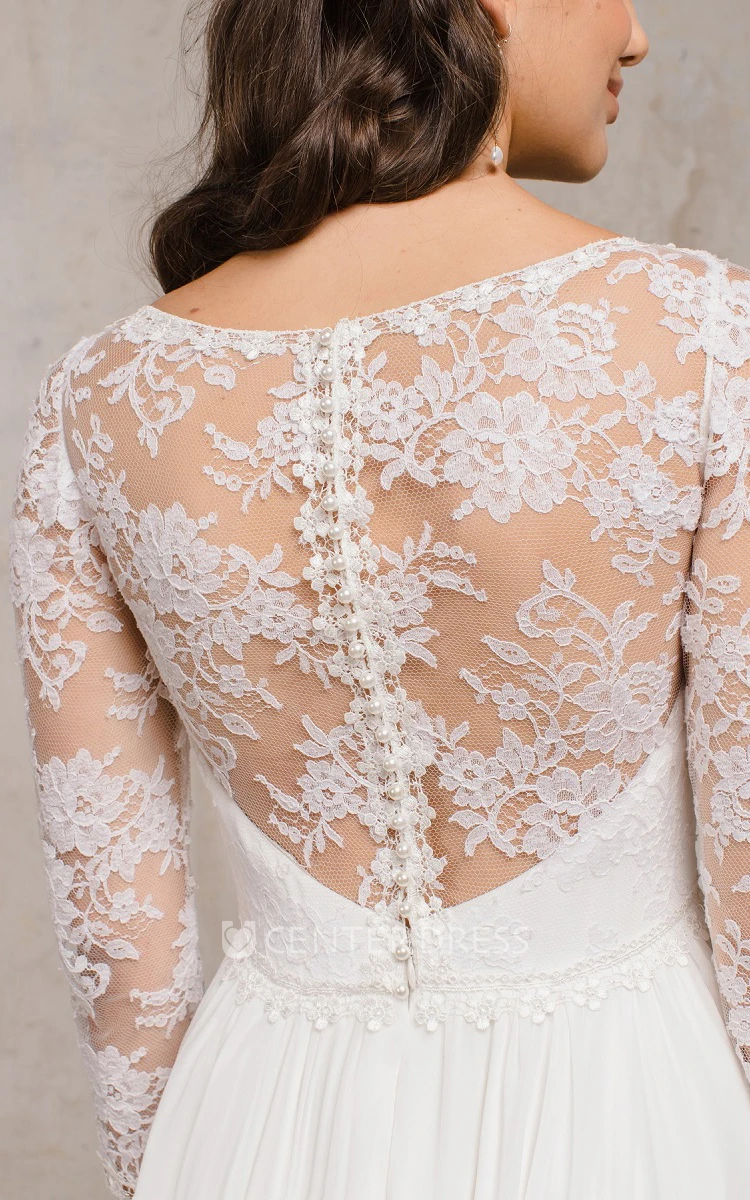 Simple Chiffon A Line Floor-length 3/4 Length Sleeve V-neck Wedding Dress with Ruching