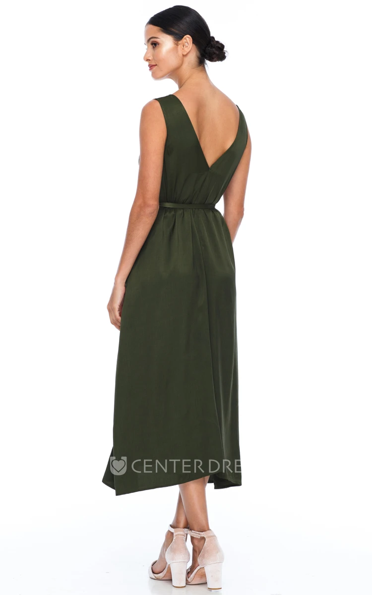 Casual Informal V-neck A-Line Charmeuse Bridesmaid Dress With Low-V Back And Sash