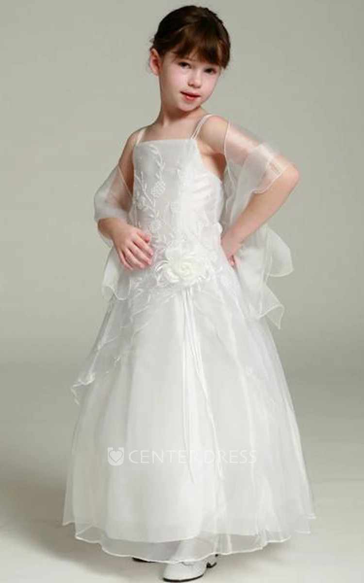 Spaghetti Ankle-Length Floral Cape Organza Flower Girl Dress With Straps