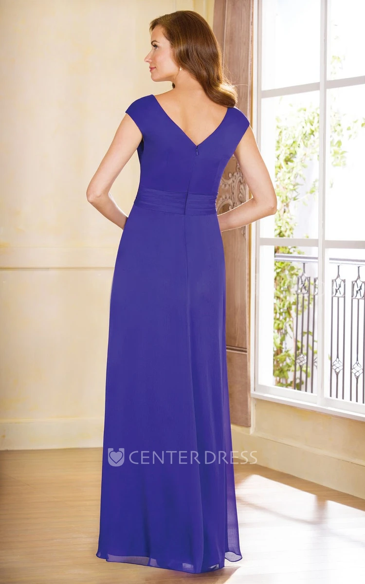 Cap-Sleeved V-Neck Side Silted Gown With Jewels