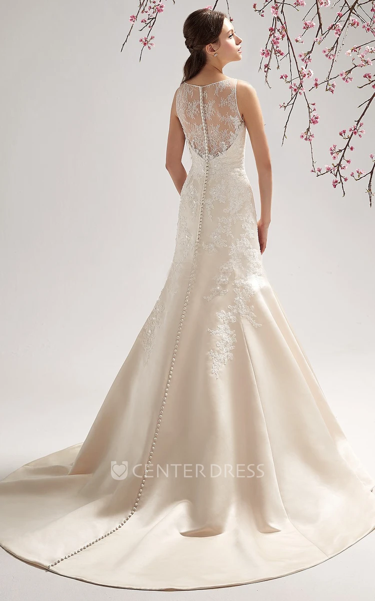 Sleeveless Bateau-Neck Trumpet Gown With Illusion Neck And Appliques