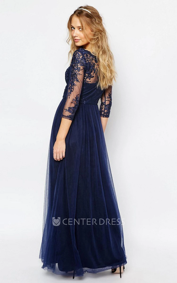 A-Line Appliqued Bateau-Neck 3-4-Sleeve Long Tulle Bridesmaid Dress With Pleats