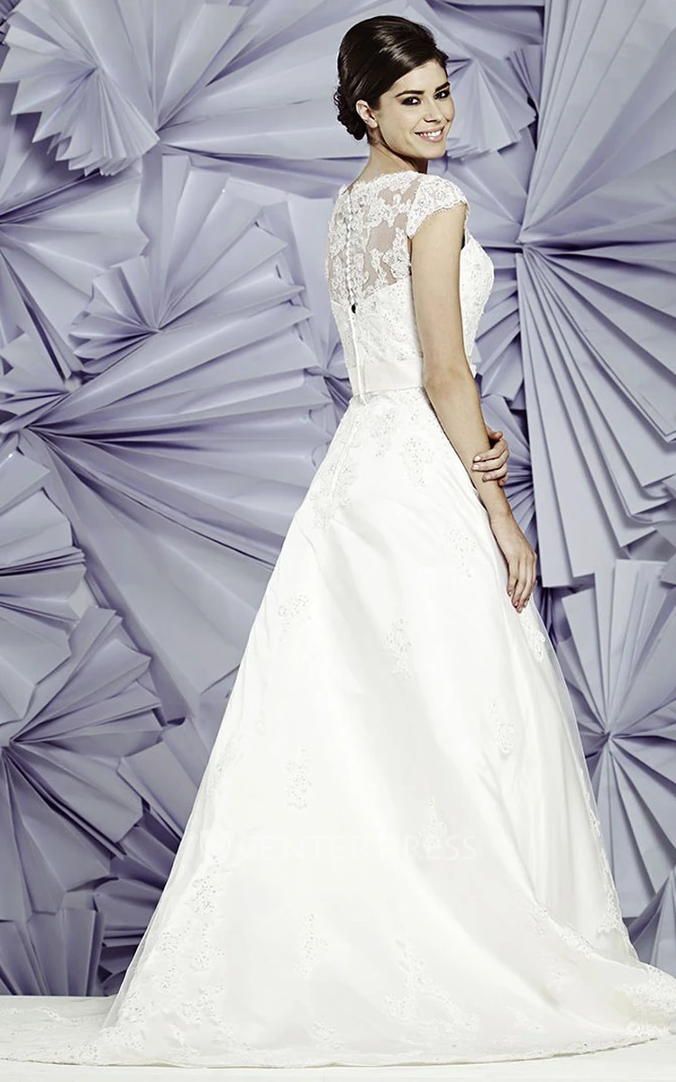 A-Line Appliqued Cap-Sleeve Floor-Length Jewel-Neck Lace&Satin Wedding Dress