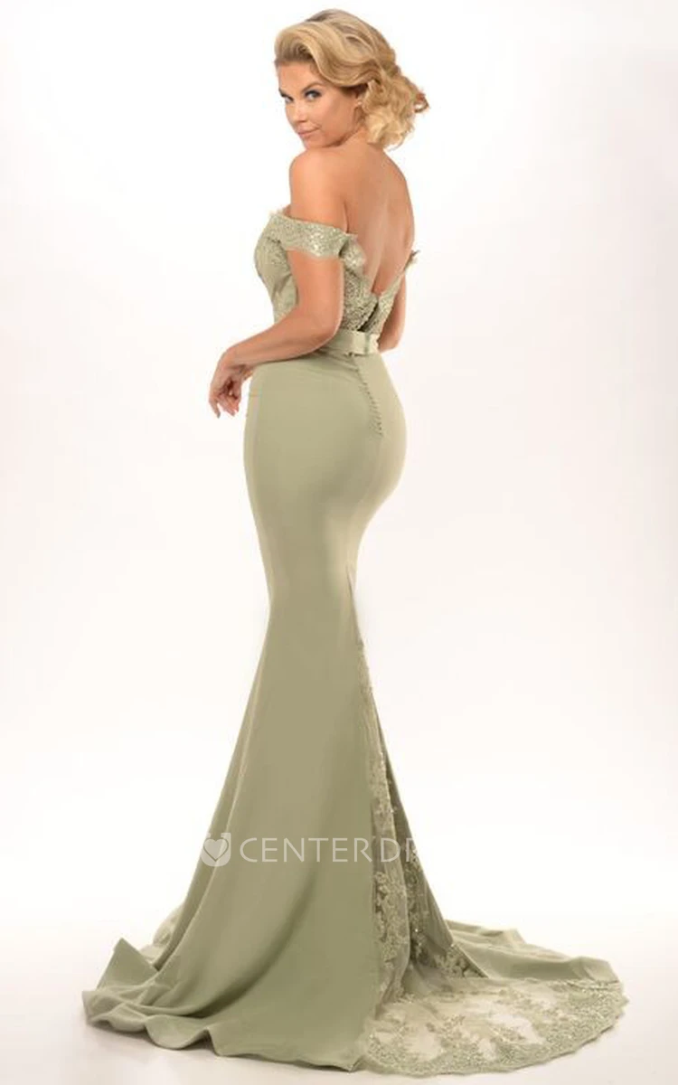 Sheath Appliqued Off-The-Shoulder Floor-Length Jersey Prom Dress