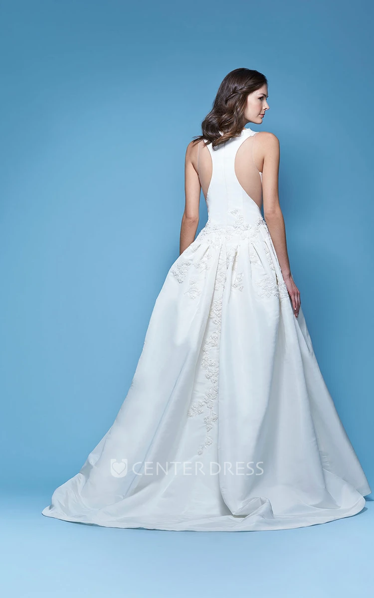 A-Line Appliqued Sleeveless Floor-Length V-Neck Satin Wedding Dress