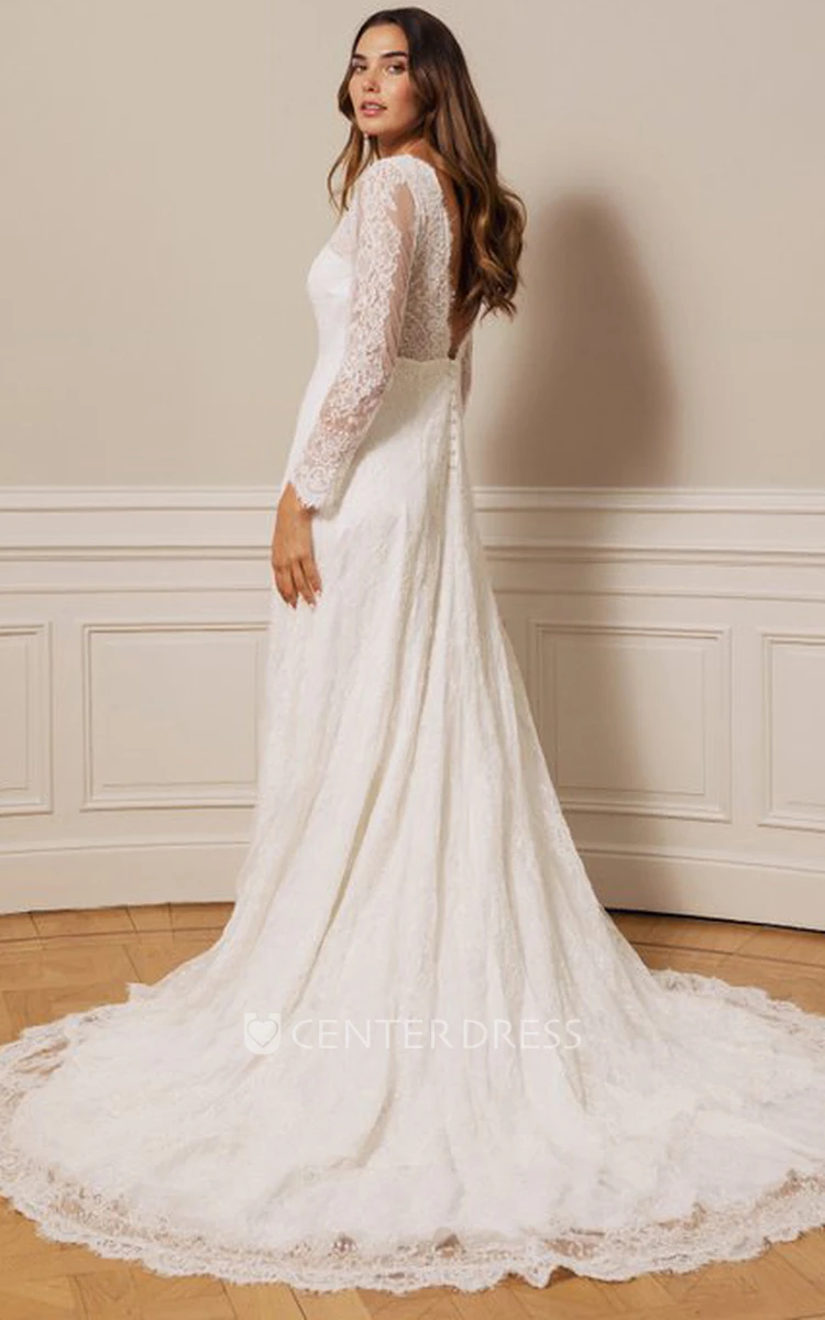 Sexy Lace Long Sleeve Deep-V Back V-neck A Line Floor-length Court Train Wedding Dress