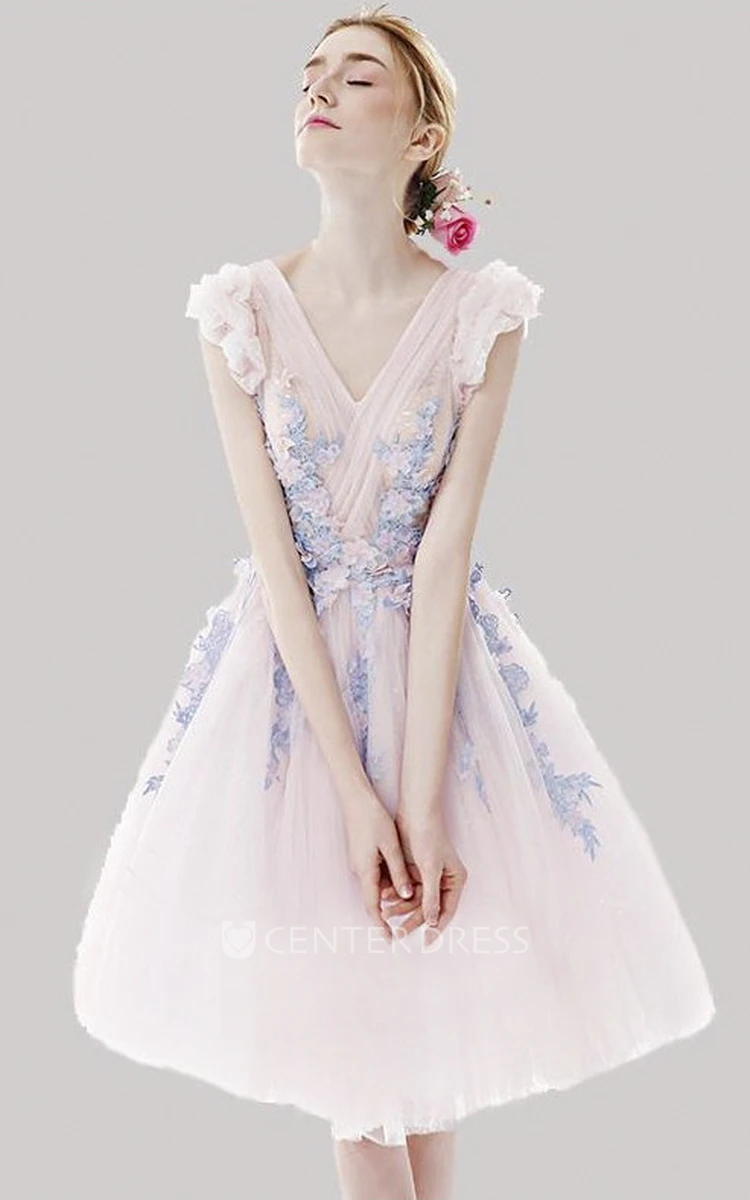 Cute Tulle Knee Length Dress With Floral Appliques And Cap Sleeves