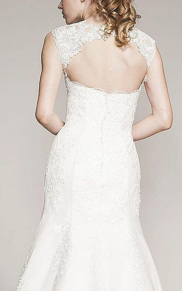 A-Line Queen-Anne Appliqued Floor-Length Lace Wedding Dress With Beading