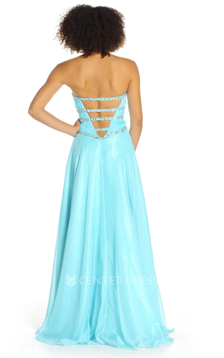 A-Line Beaded Long Sweetheart Sleeveless Tulle&Satin Prom Dress With Ruching