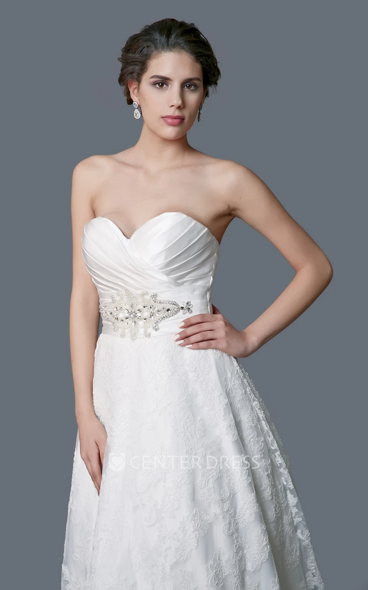 Sweetheart Ruched Satin and Lace A Line Wedding Dress With Belt