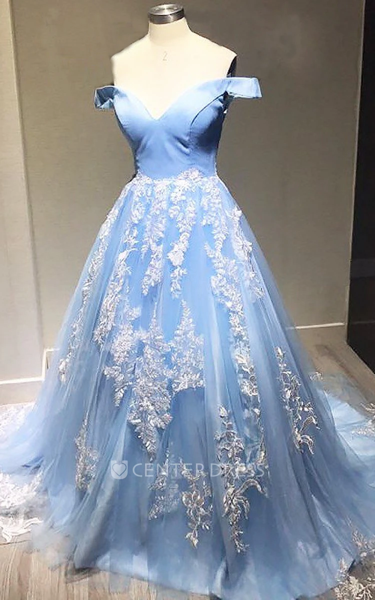 Cap Short Sleeve Sweep Brush Train Ball Gown Off-the-shoulder Satin Lace Tulle Dress