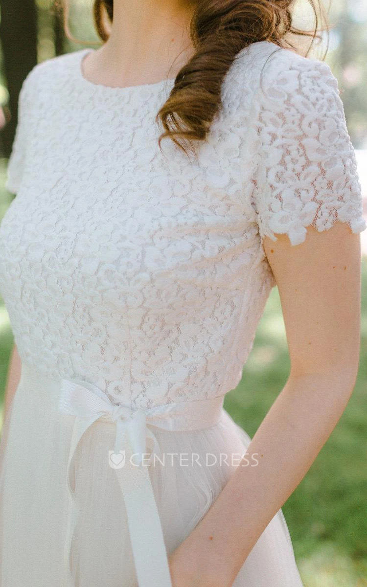 Jewel Neck Short Sleeve Tulle Wedding Dress With Lace Bodice