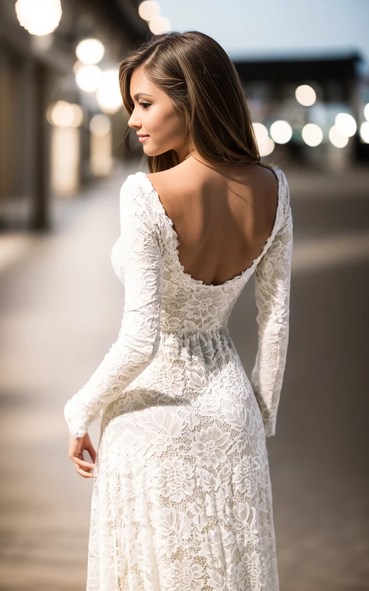 Modest Boho Lace Fitted Wedding Dress Floral Elegant Romantic Bateau Neck Low Back Floor Length Courthouse Bridal Gown