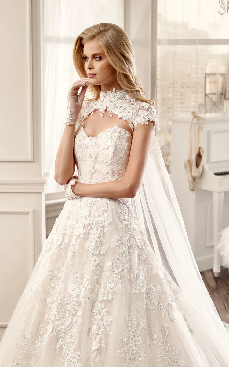 High-Neck A-Line Wedding Dress With Appliques And Keyhole Back