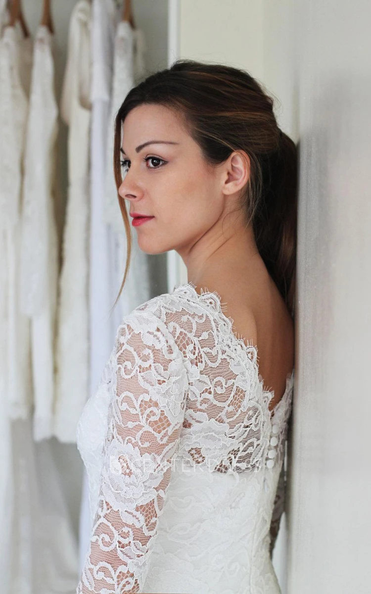 Illusion Neckline Long Sleeve Short Lace Wedding Dress With V Back