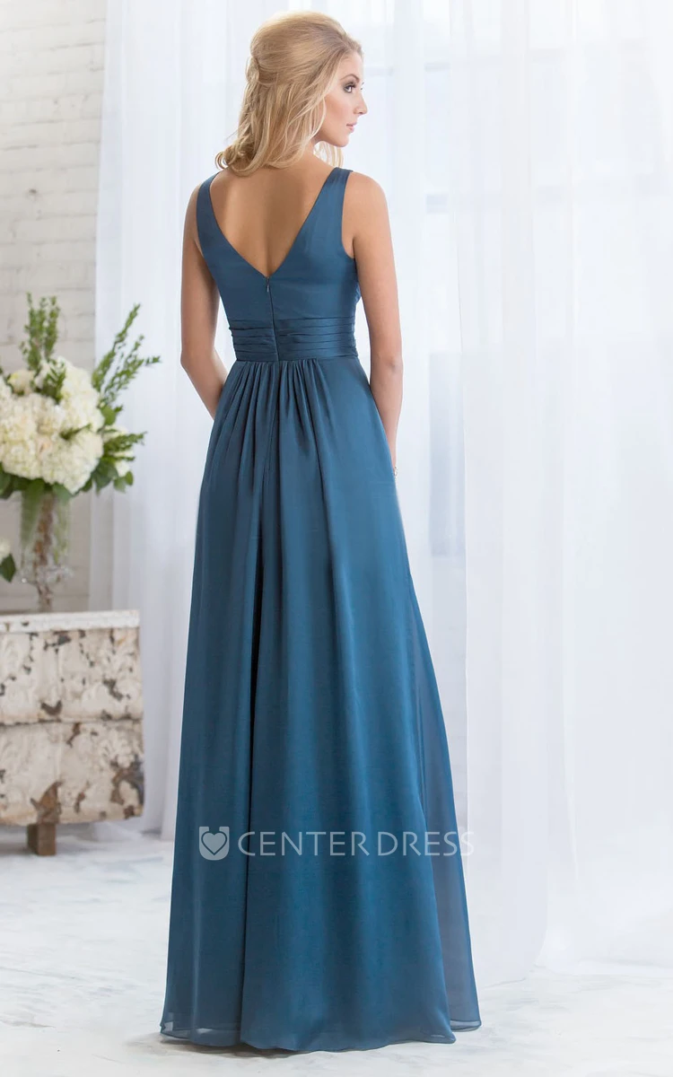 Sleeveless A-Line Long Bridesmaid Dress With V-Back And Pleats