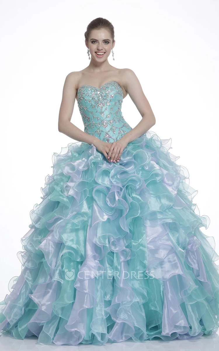 Muti-Color Ball Gown Sweetheart Organza Corset Back Dress With Crystal Detailing And Ruffles