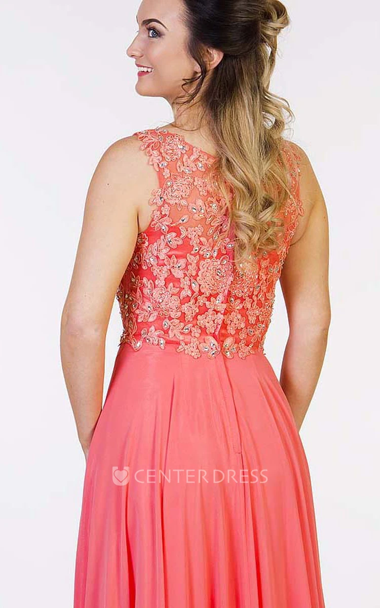 Floor-Length Sleeveless Beaded Scoop Chiffon Prom Dress With Pleats And Appliques