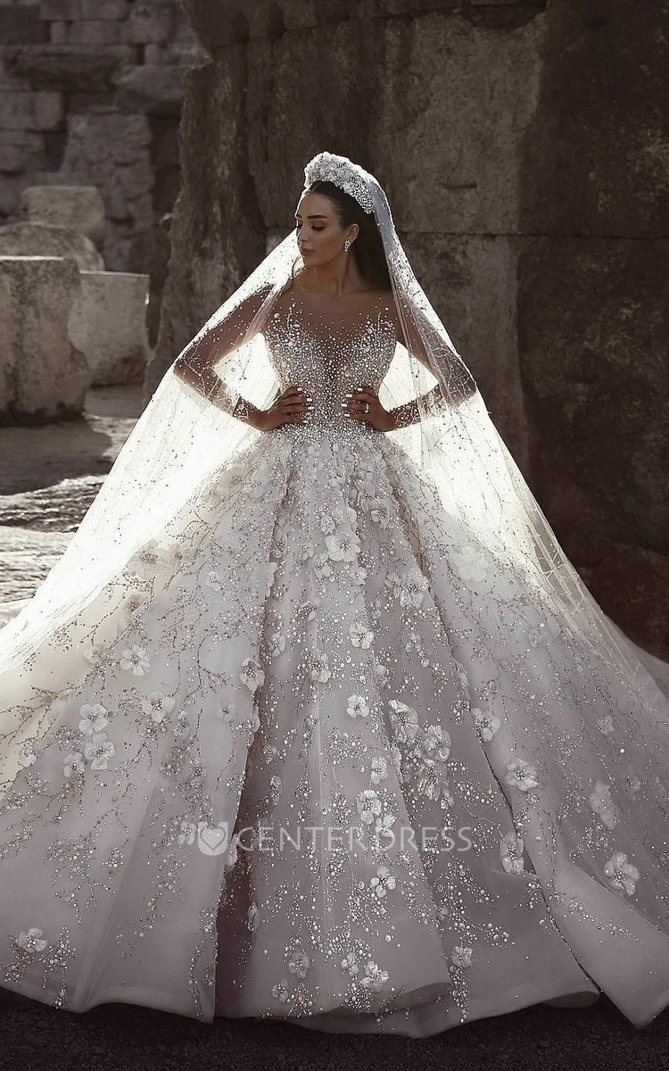 Appliqued Illusion Long Sleeve 3D Floral Luxury Bridal Ball Gown